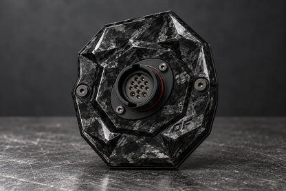 Dorifab medium single left forged carbon bulkhead connector plate, hero view. Illustrative connector installation; connectors not included.