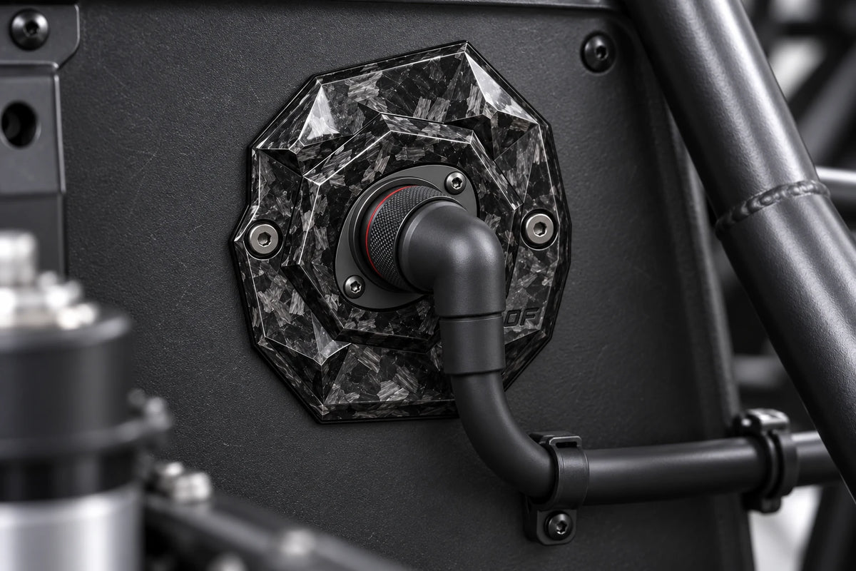 Dorifab medium single left forged carbon bulkhead connector plate, installed view. Illustrative connector installation; connectors not included.
