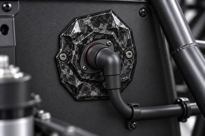 Dorifab medium single left forged carbon bulkhead connector plate, installed view. Illustrative connector installation; connectors not included.