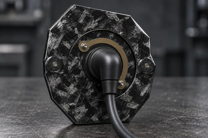 Dorifab medium single left forged carbon bulkhead connector plate, rear view. Illustrative connector installation; connectors not included.