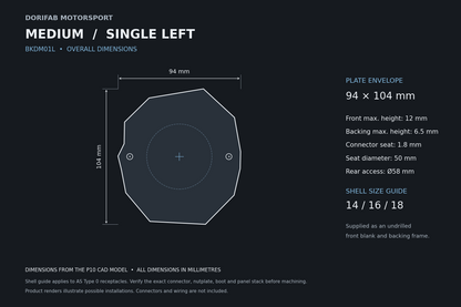 Dorifab Medium Single Left BKDM01L overall dimensions, 94 by 104 mm. CAD size and post-machining guide.
