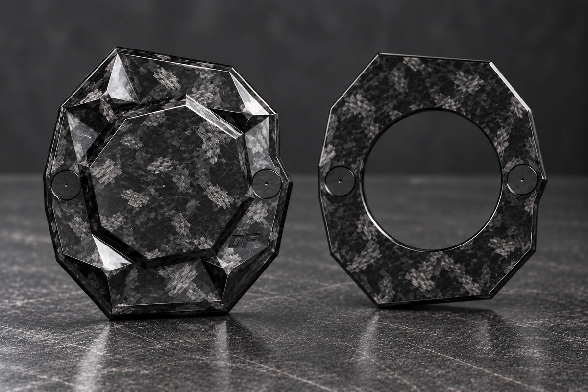 Dorifab medium single right forged carbon bulkhead connector plate, blank view. Blank front and matching backing frame as supplied.