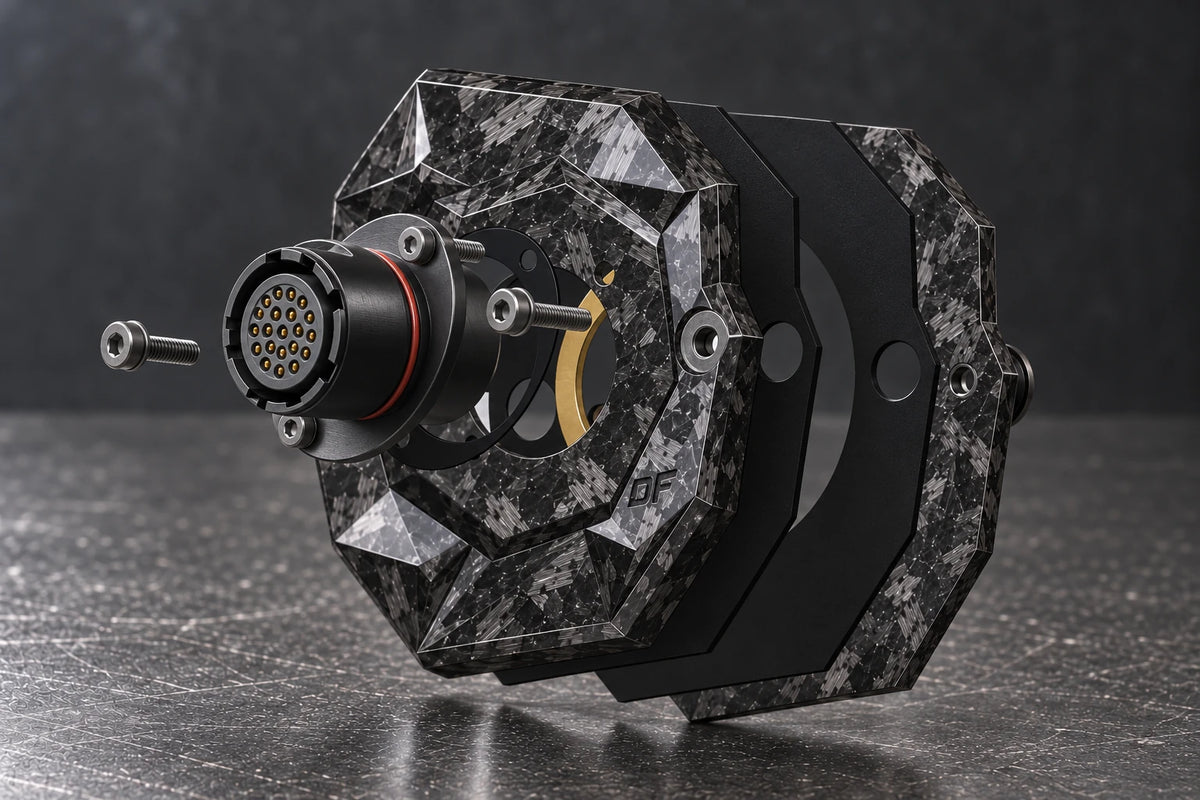 Dorifab medium single right forged carbon bulkhead connector plate, exploded view. Illustrative connector installation; connectors not included.