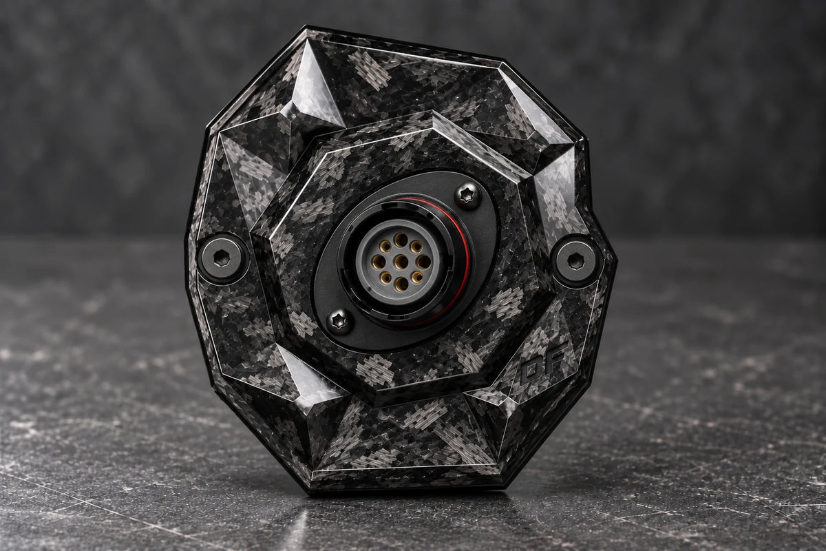 Dorifab medium single right forged carbon bulkhead connector plate, front view. Illustrative connector installation; connectors not included.