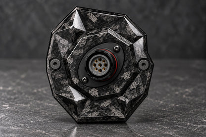 Dorifab medium single right forged carbon bulkhead connector plate, front view. Illustrative connector installation; connectors not included.