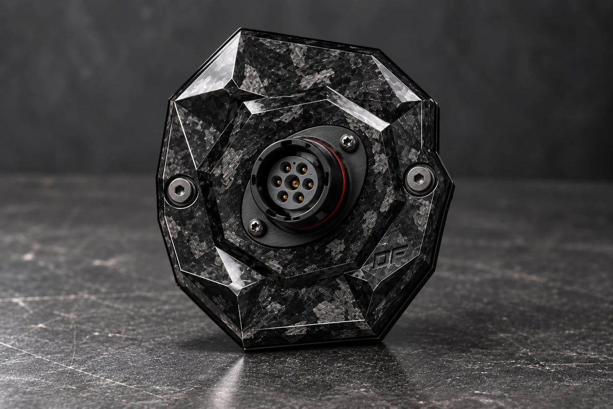 Dorifab medium single right forged carbon bulkhead connector plate, hero view. Illustrative connector installation; connectors not included.