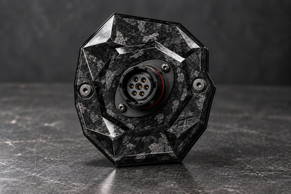 Dorifab medium single right forged carbon bulkhead connector plate, hero view. Illustrative connector installation; connectors not included.