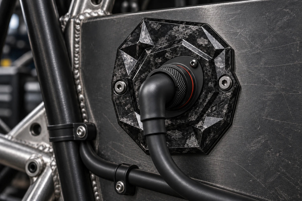 Dorifab medium single right forged carbon bulkhead connector plate, installed view. Illustrative connector installation; connectors not included.