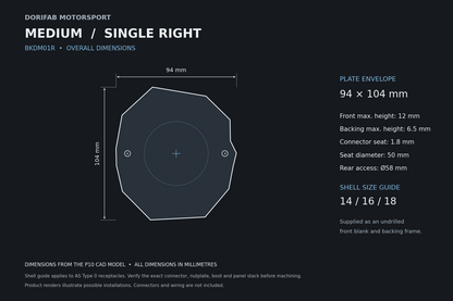 Dorifab Medium Single Right BKDM01R overall dimensions, 94 by 104 mm. CAD size and post-machining guide.