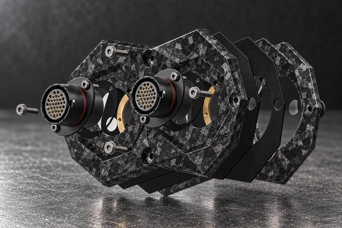 Dorifab medium dual forged carbon bulkhead connector plate, exploded view. Illustrative connector installation; connectors not included.