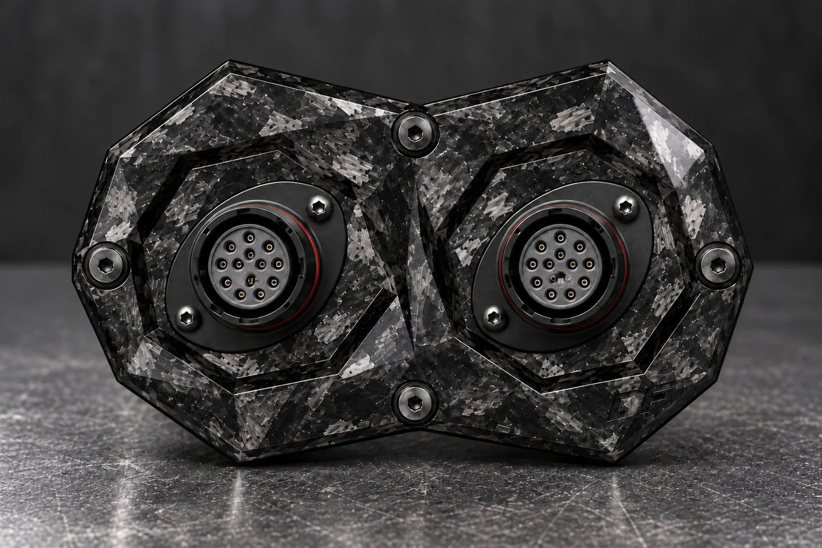 Dorifab medium dual forged carbon bulkhead connector plate, front view. Illustrative connector installation; connectors not included.