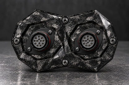 Dorifab medium dual forged carbon bulkhead connector plate, front view. Illustrative connector installation; connectors not included.