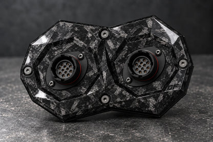 Dorifab medium dual forged carbon bulkhead connector plate, hero view. Illustrative connector installation; connectors not included.