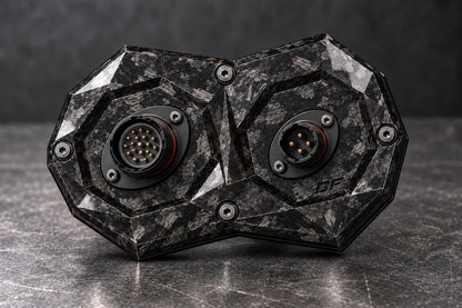 Dorifab medium dual forged carbon bulkhead connector plate, mixed shell sizes view. Illustrative connector installation; connectors not included.