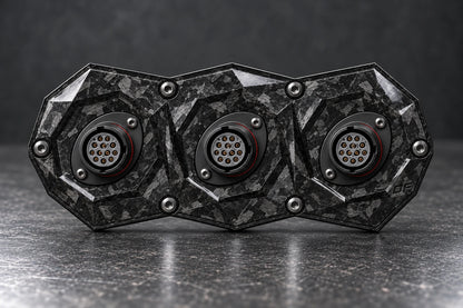 Dorifab medium triple forged carbon bulkhead connector plate, front view. Illustrative connector installation; connectors not included.