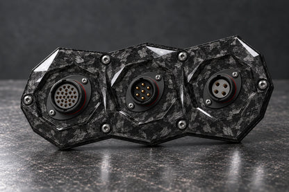 Dorifab medium triple forged carbon bulkhead connector plate, mixed shell sizes view. Illustrative connector installation; connectors not included.