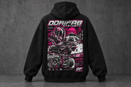 Back of the black Dorifab Controlled Chaos Drift Oversized Hoodie with white and magenta drift artwork.