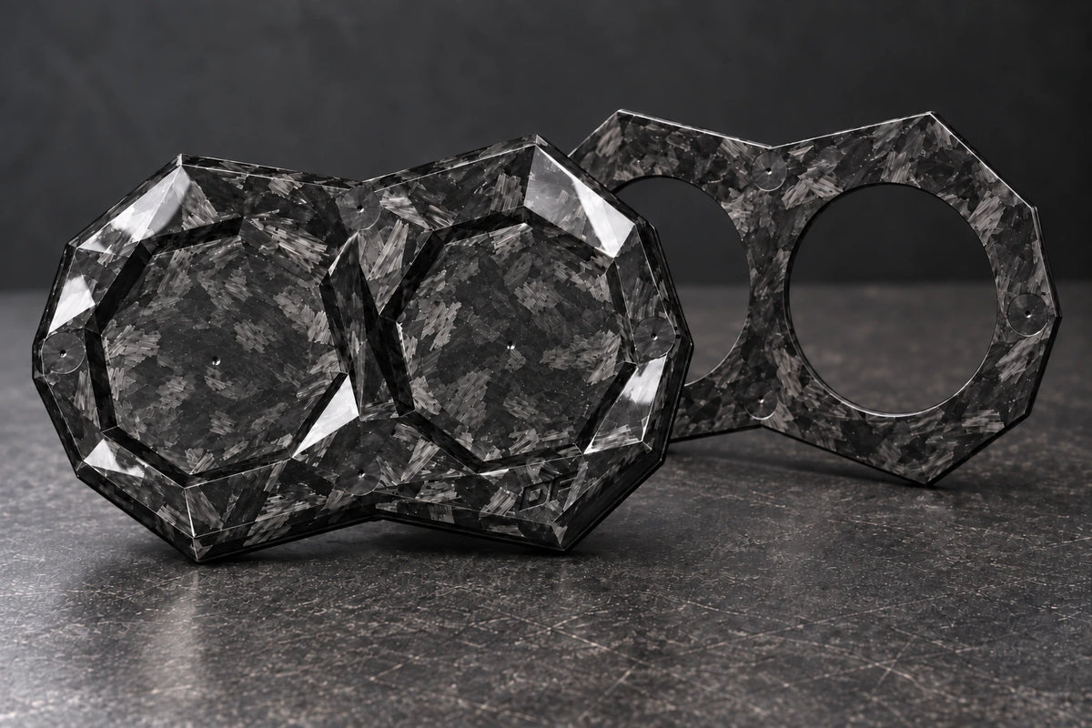 Large Dorifab dual forged carbon bulkhead plate blank with centre marks and a matching open backing frame.
