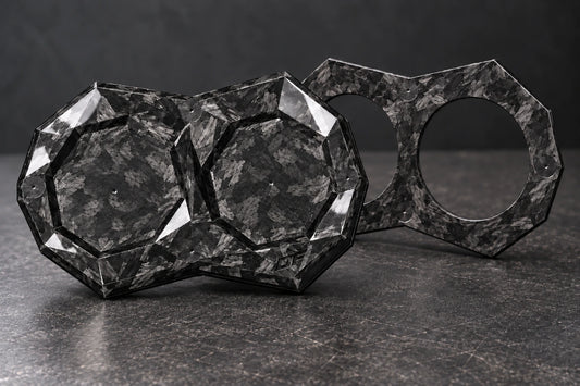 Large Dorifab dual forged carbon bulkhead plate blank with centre marks and a matching open backing frame.