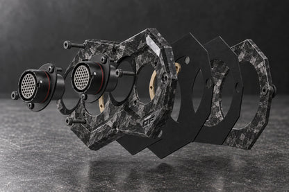 Large Exploded Dorifab dual forged carbon bulkhead plate showing connectors, gaskets and backing frame.