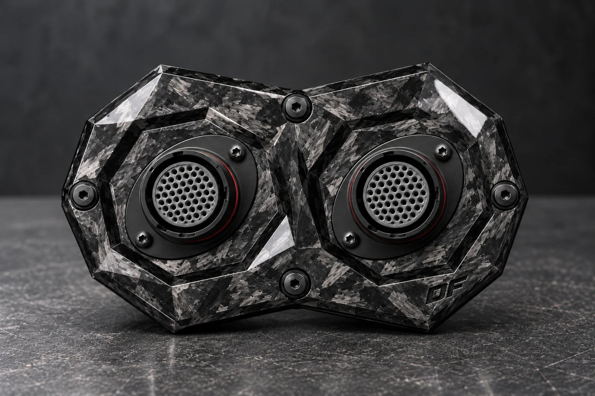 Large Dorifab dual forged carbon bulkhead plate, front view showing oval connector flanges and diagonal fixings.