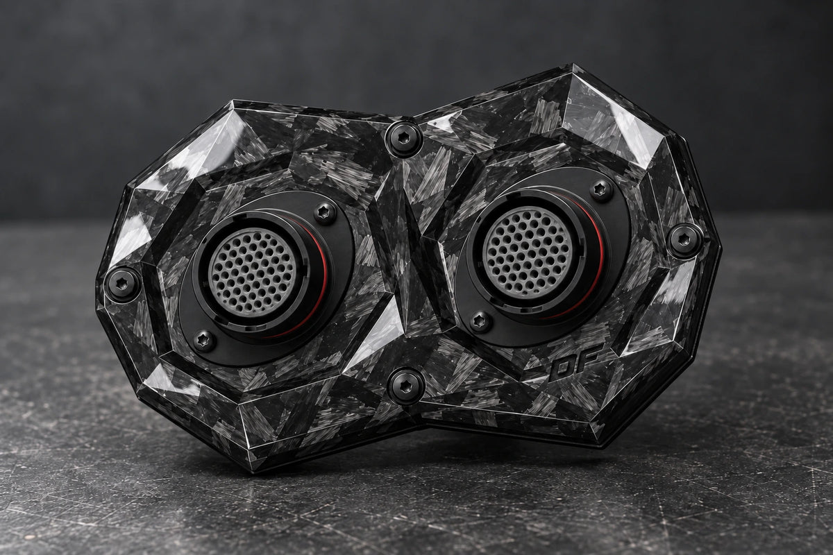 Large Dorifab dual forged carbon bulkhead plate with autosport connector fitment, three-quarter view.