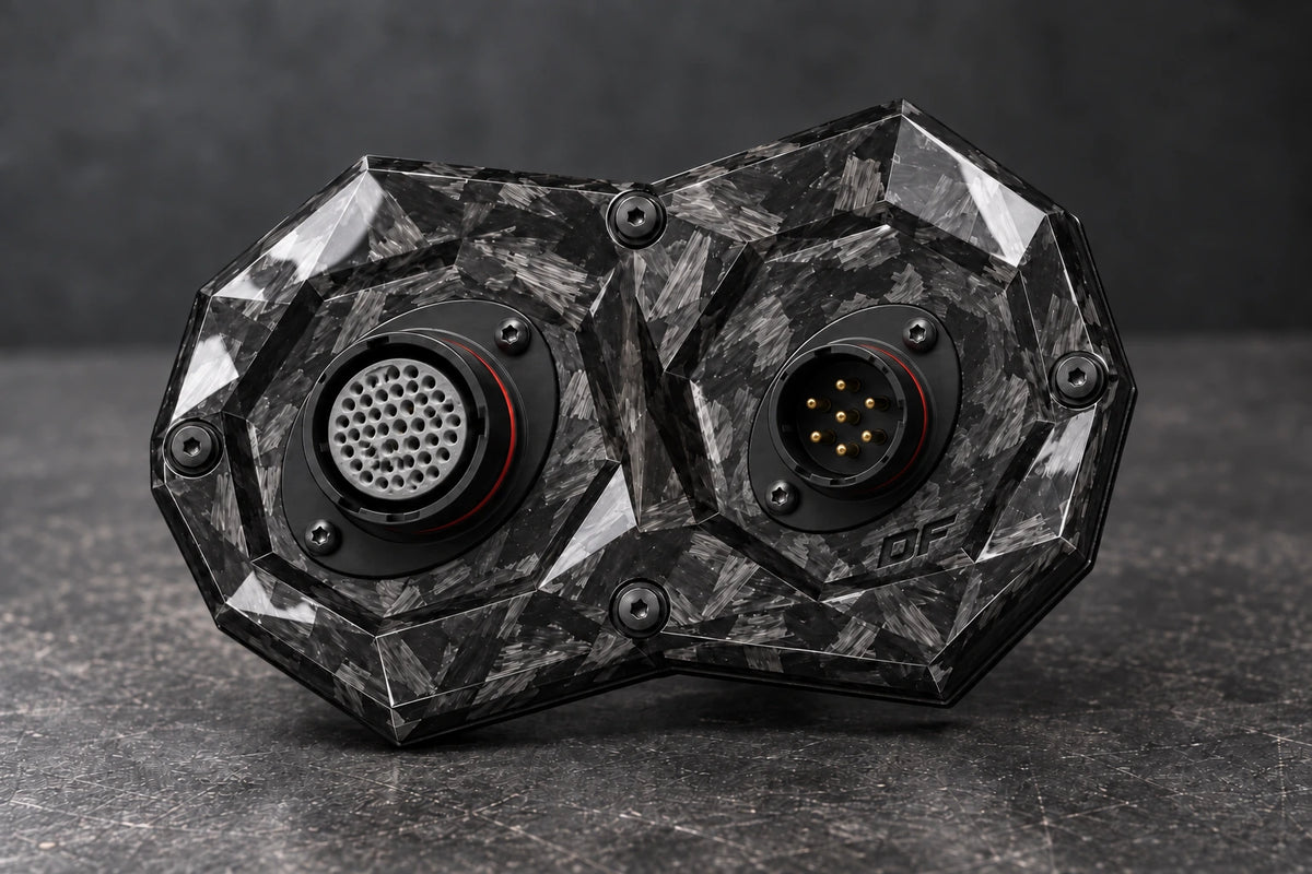 Large Dorifab dual forged carbon bulkhead plate with different connector shell sizes and illustrative contact layouts.
