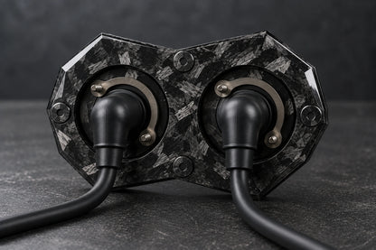 Large Dorifab dual forged carbon bulkhead plate, rear view with nutplates, 90-degree boots and smooth DR25 looms.