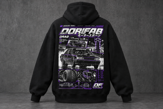 Back of the black Dorifab Engineered Trouble Drag Oversized Hoodie with white and purple drag artwork.