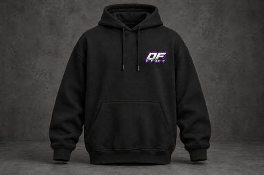 Front of the black Dorifab Engineered Trouble Drag Oversized Hoodie with a small DF monogram on the left chest.