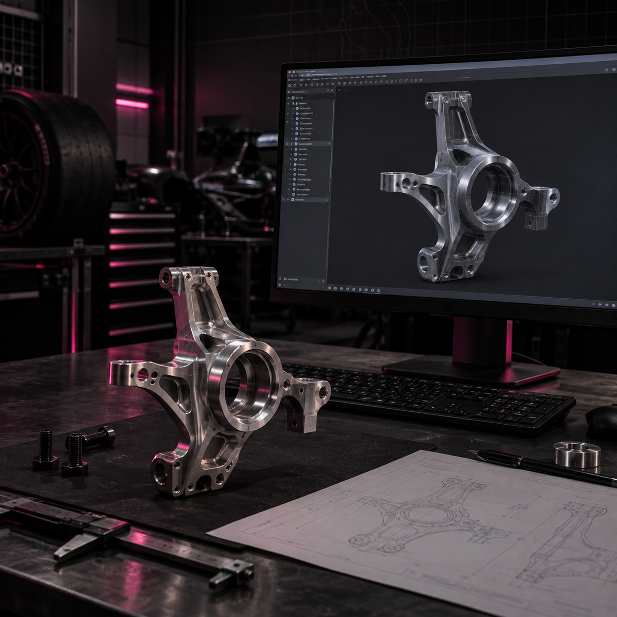 CAD model of a suspension upright beside a machined component, technical drawing and measuring tools.