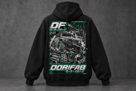 Back of the black Dorifab Fabricated Mayhem 4WD Oversized Hoodie with white and mint green 4wd artwork.