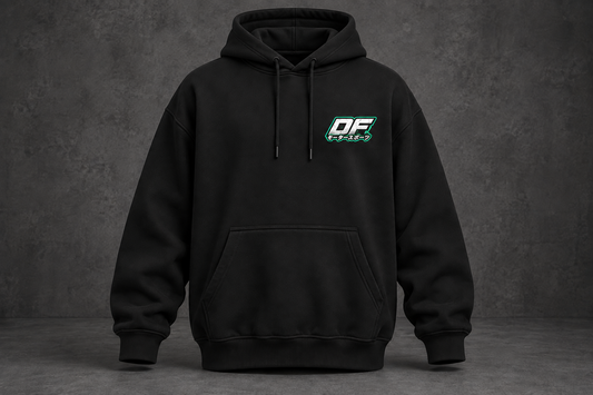 Front of the black Dorifab Fabricated Mayhem 4WD Oversized Hoodie with a small DF monogram on the left chest.