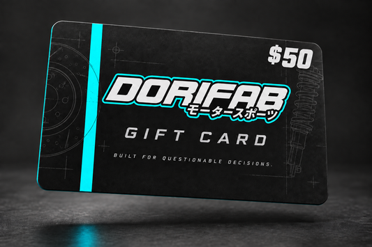 Dorifab $50 AUD digital gift card in electric cyan with matching logo outline