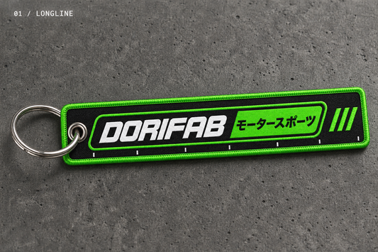 Dorifab Longline flight tag keyring with green accents and metal split ring