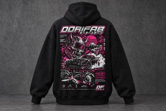 Back of the black Dorifab Night Shift oversized hoodie with white and magenta motorsport artwork.