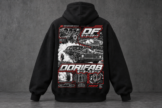 Back of the black Dorifab Poor Decisions Burnout Oversized Hoodie with white and red burnout artwork.