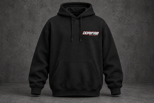 Front of the black Dorifab Poor Decisions Burnout Oversized Hoodie with a small DORIFAB wordmark on the left chest.