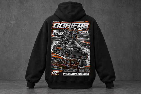 Back of the black Dorifab Precision Mischief Time Attack Oversized Hoodie with white and orange time attack artwork.