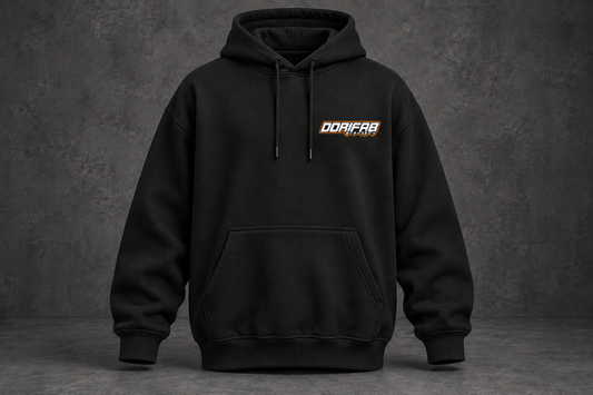 Front of the black Dorifab Precision Mischief Time Attack Oversized Hoodie with a small DORIFAB wordmark on the left chest.