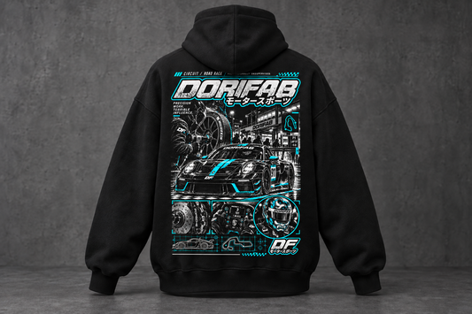 Back of the black Dorifab Professionally Unsupervised Circuit Oversized Hoodie with white and cyan circuit artwork.