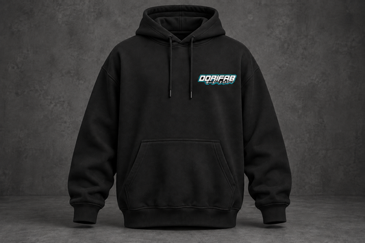 Front of the black Dorifab Professionally Unsupervised Circuit Oversized Hoodie with a small DORIFAB wordmark on the left chest.