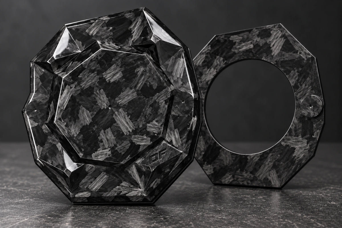 Large Dorifab single left forged carbon bulkhead plate blank with centre marks and a matching open backing frame.