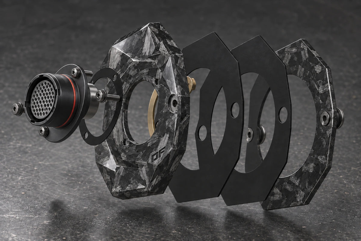 Large Exploded Dorifab single left forged carbon bulkhead plate showing connectors, gaskets and backing frame.