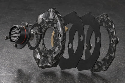 Large Exploded Dorifab single left forged carbon bulkhead plate showing connectors, gaskets and backing frame.