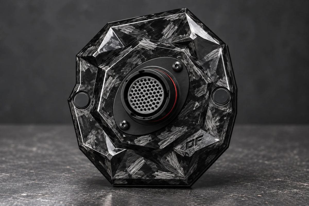 Large Dorifab single left forged carbon bulkhead plate, front view showing oval connector flanges and diagonal fixings.