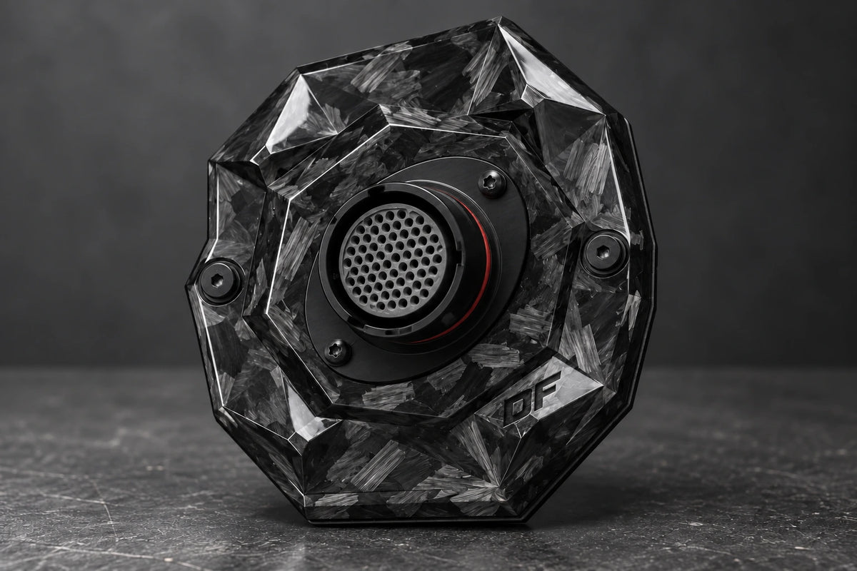 Large Dorifab single left forged carbon bulkhead plate with autosport connector fitment, three-quarter view.