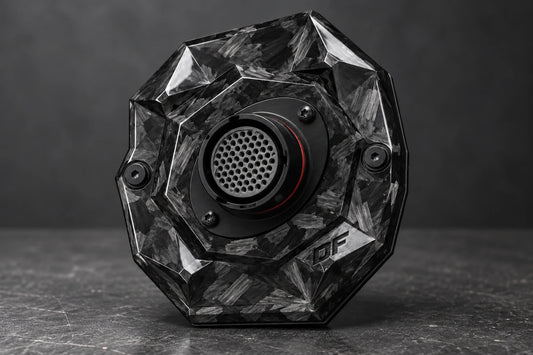 Large Dorifab single left forged carbon bulkhead plate with autosport connector fitment, three-quarter view.