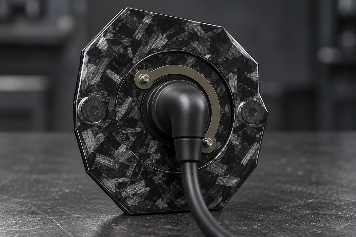 Large Dorifab single left forged carbon bulkhead plate, rear view with nutplates, 90-degree boots and smooth DR25 looms.