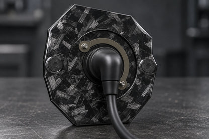 Large Dorifab single left forged carbon bulkhead plate, rear view with nutplates, 90-degree boots and smooth DR25 looms.